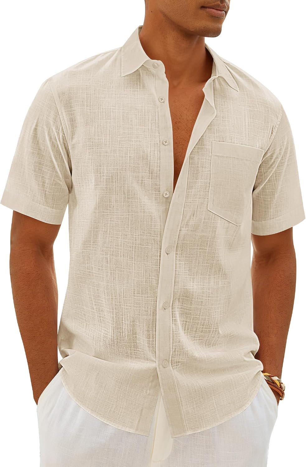 Mens Linen Textured Shirt Cotton Short Sleeve Summer Button Down Shirts Beige
