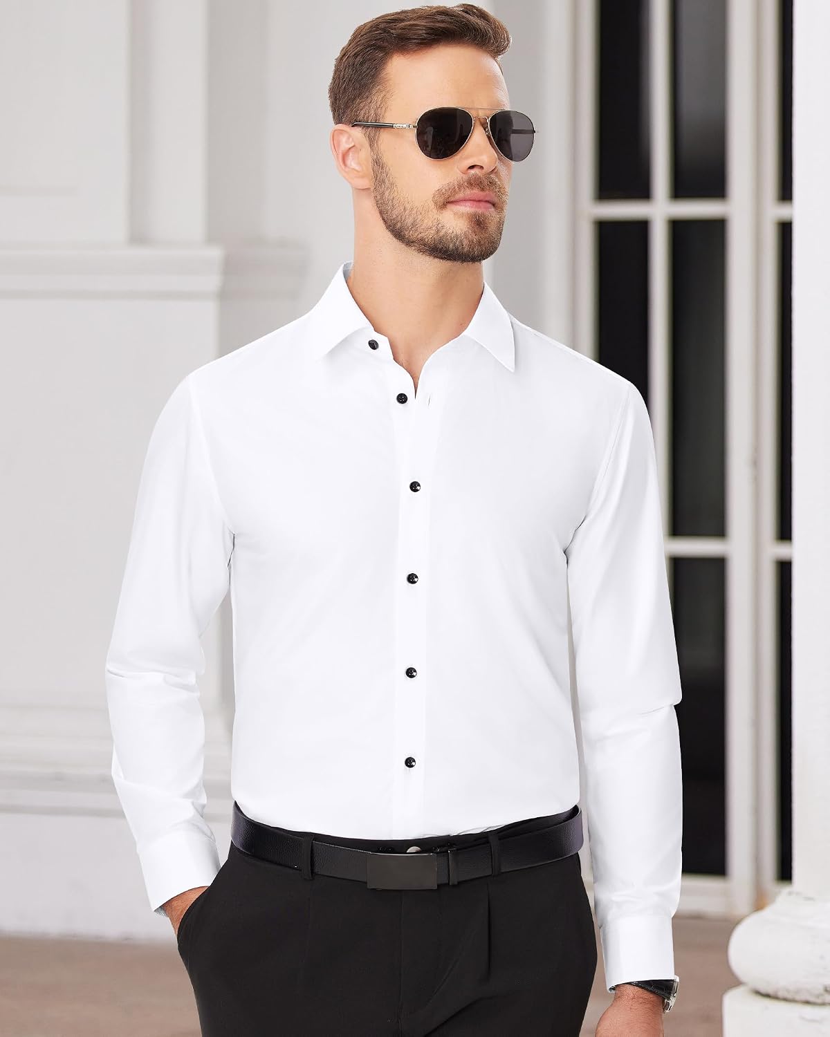 Men's Dress Shirts Long Sleeve Wrinkle Free Business Button Down Shirt White