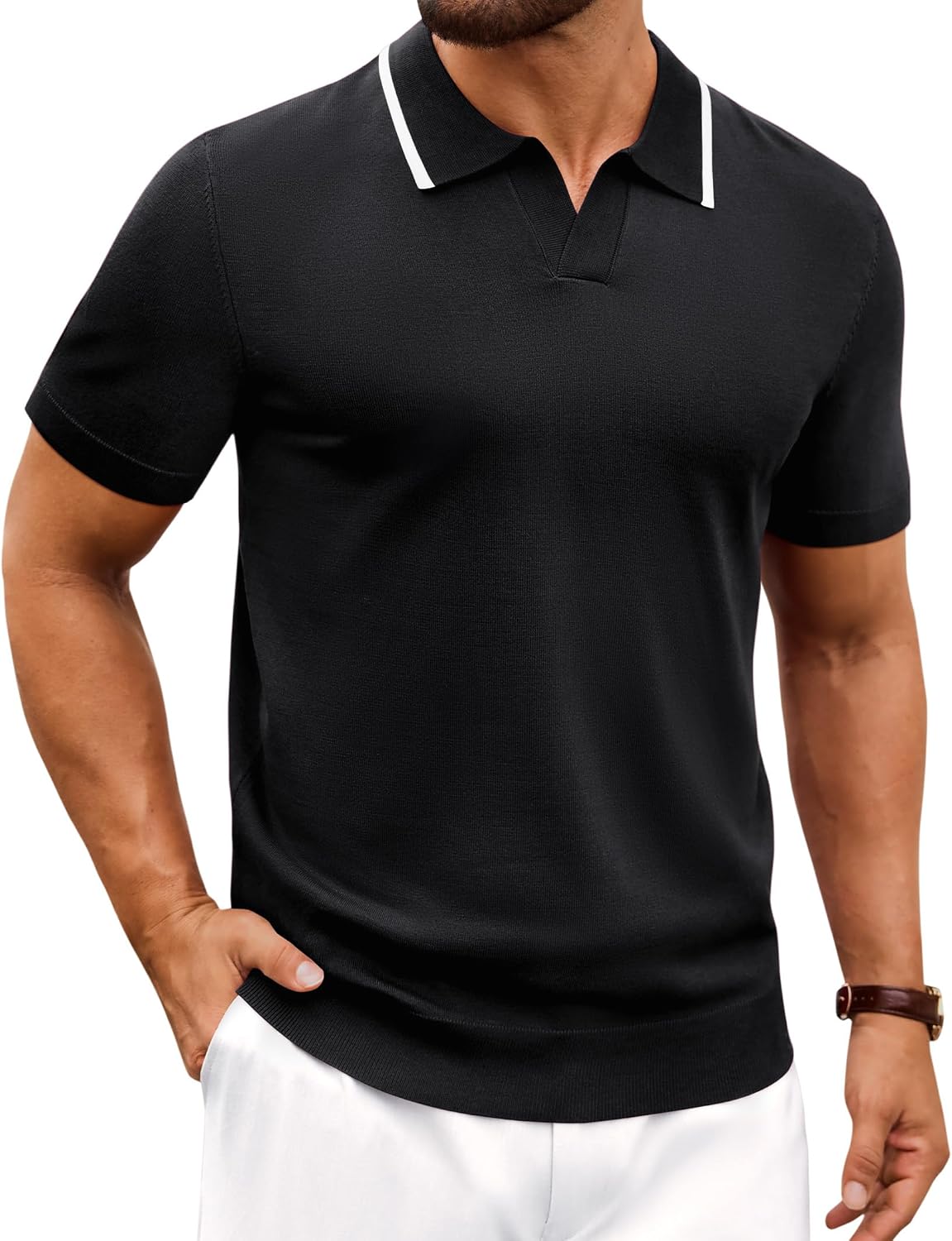 Alimens & Gentle Mens Knitted Polo Shirts V Neck Collared Shirts for Golf Black