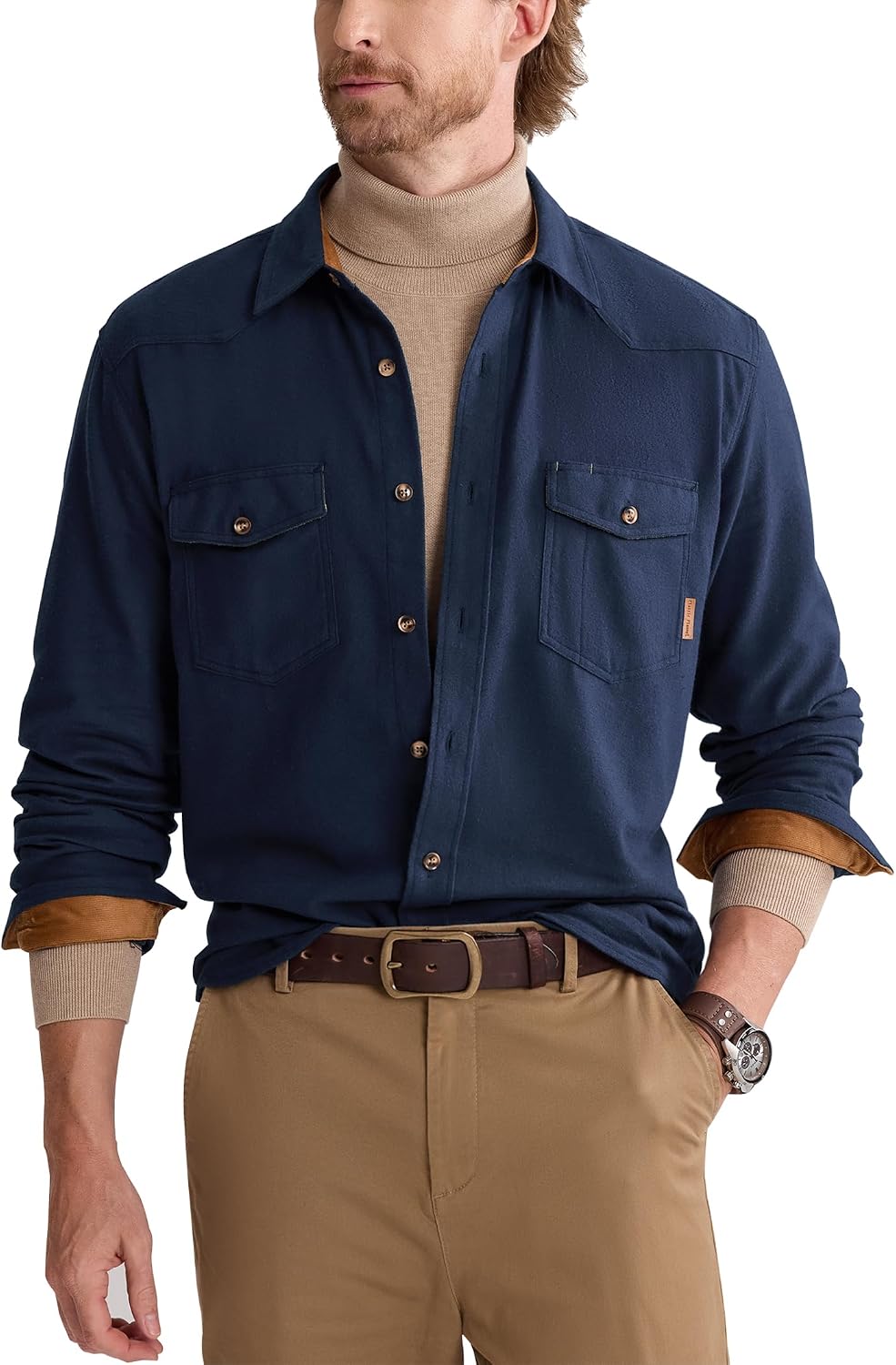 Mens Flannel Shirts Long Sleeve Button Down Shirt Casual 100% Cotton Shirt Navy Blue