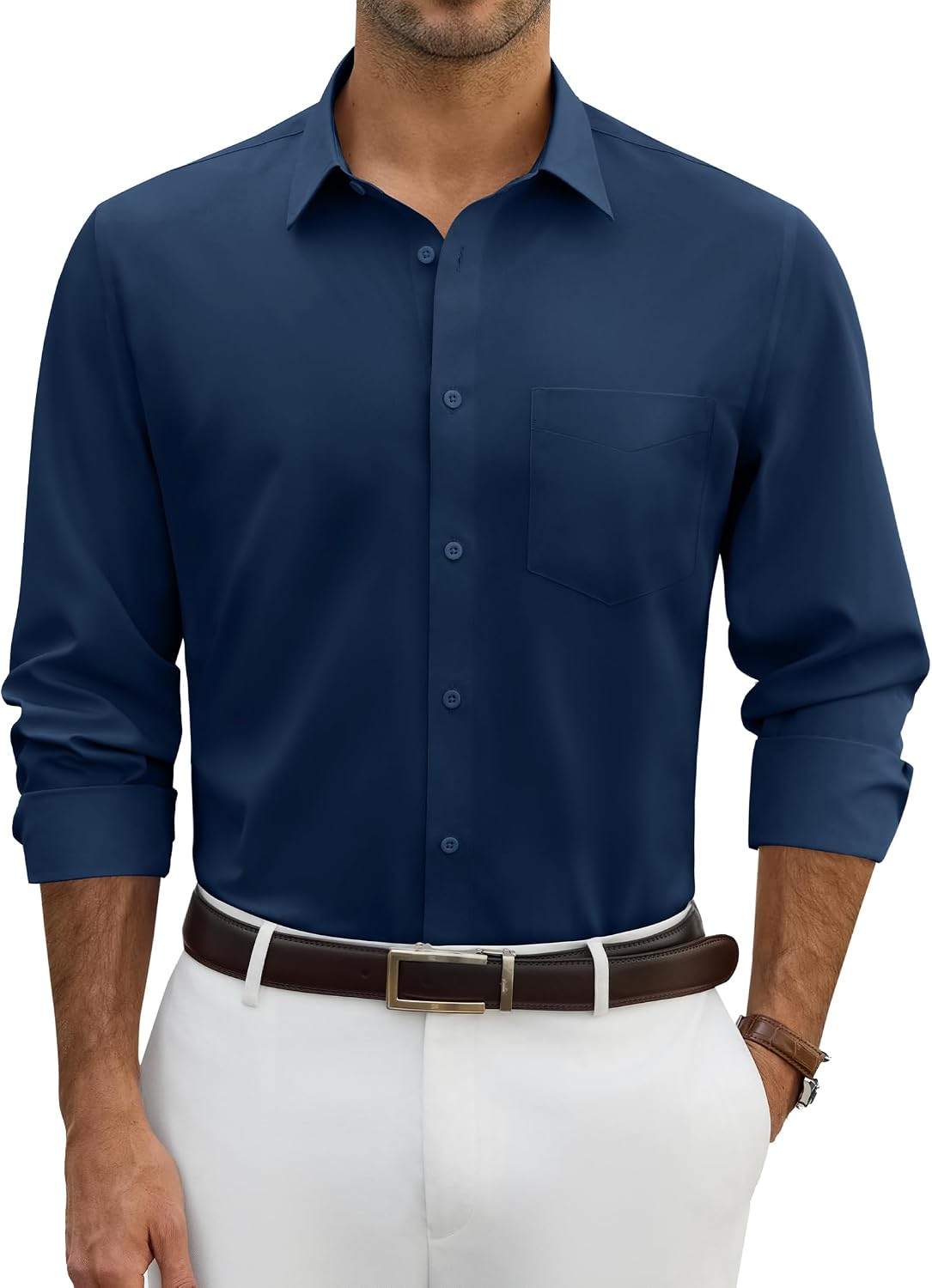 Alimens & Gentle Mens Dress Shirts Wrinkle Free Long Sleeve Stretch Button Down Shirt for Business Casual Wedding Navy Blue