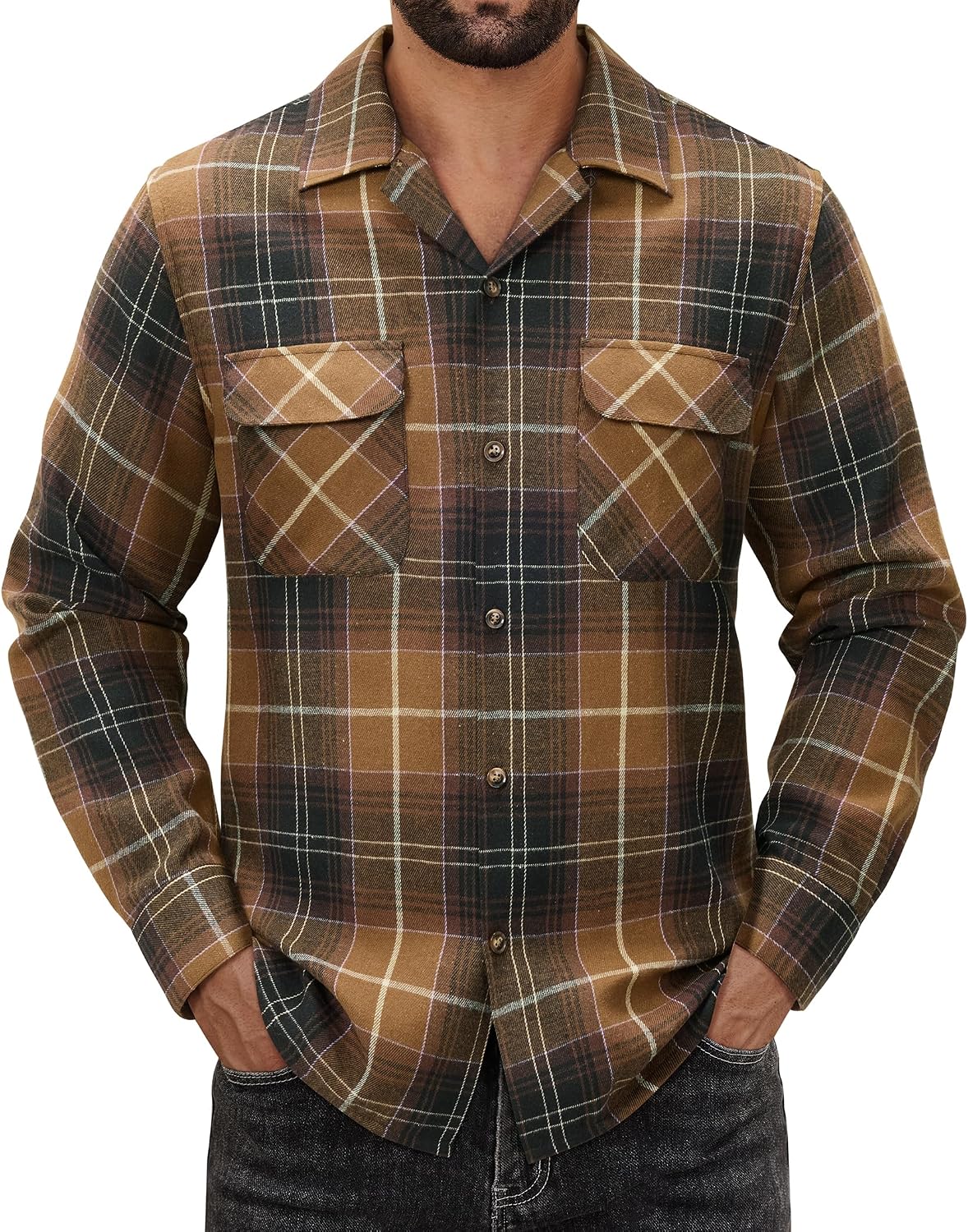 Alimens & Gentle Mens Flannel Shirts Long Sleeve Casual Plaid Button Down Shirt Jacket Work Daily Shackets with Pockets Coffee Brown