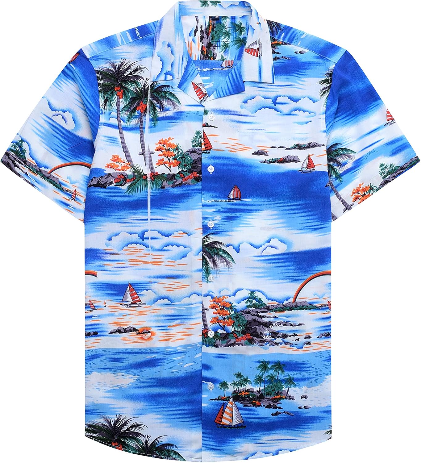 Mens Hawaiian Shirt Summer Beach Casual Short Sleeve Button Down Shirts Blue Sky