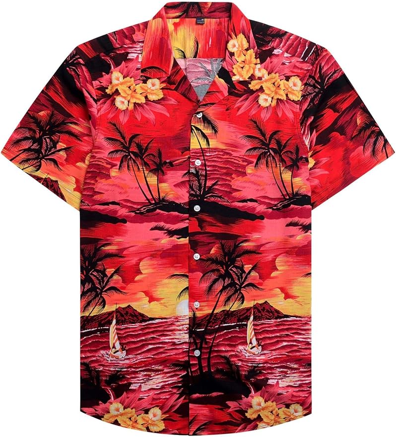 Mens Hawaiian Shirt Summer Beach Casual Short Sleeve Button Down Shirts 1609 Red