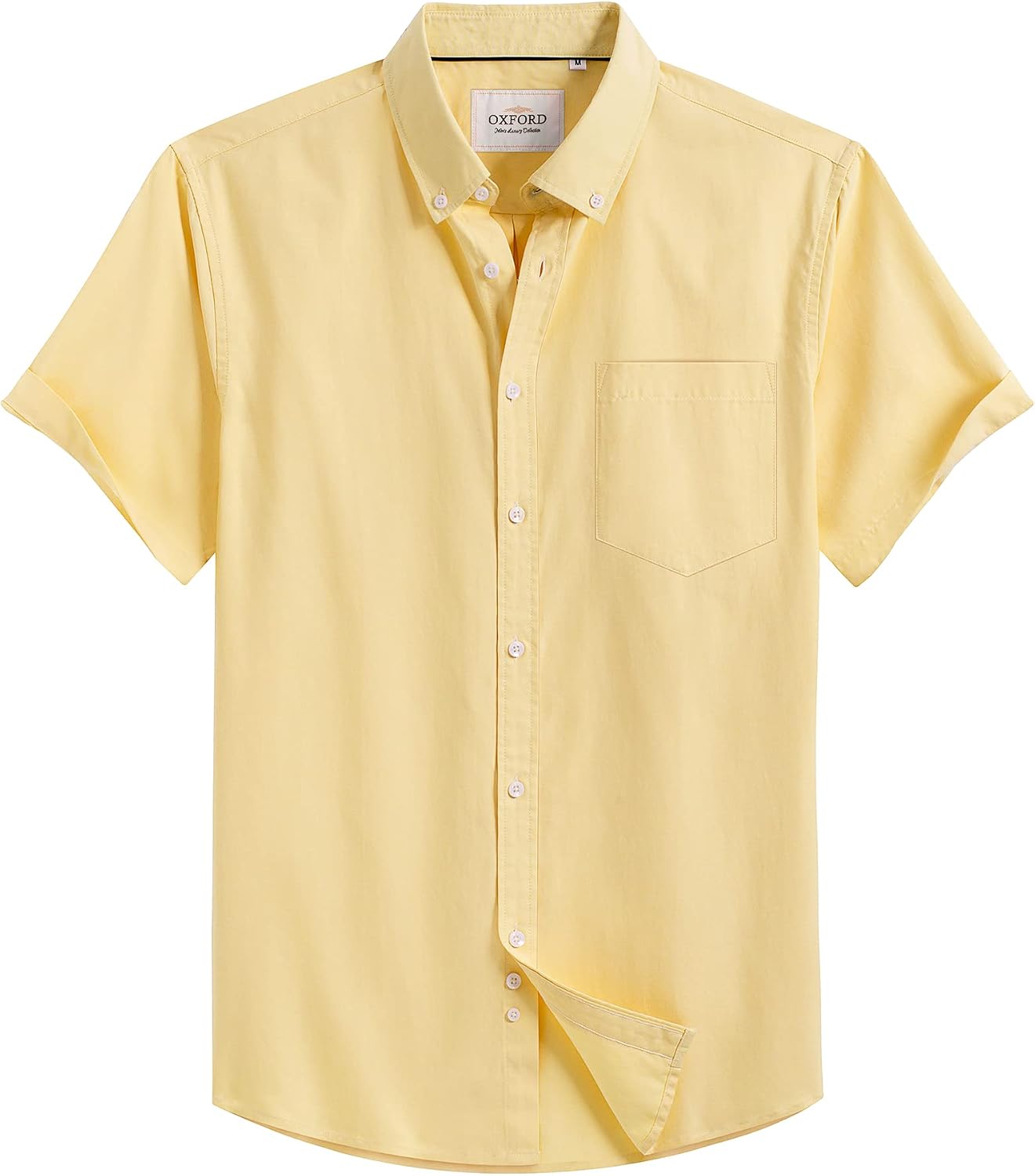 Mens Oxford Dress Shirt Short Sleeve Button Down Collar Summer Casual Shirt Yellow