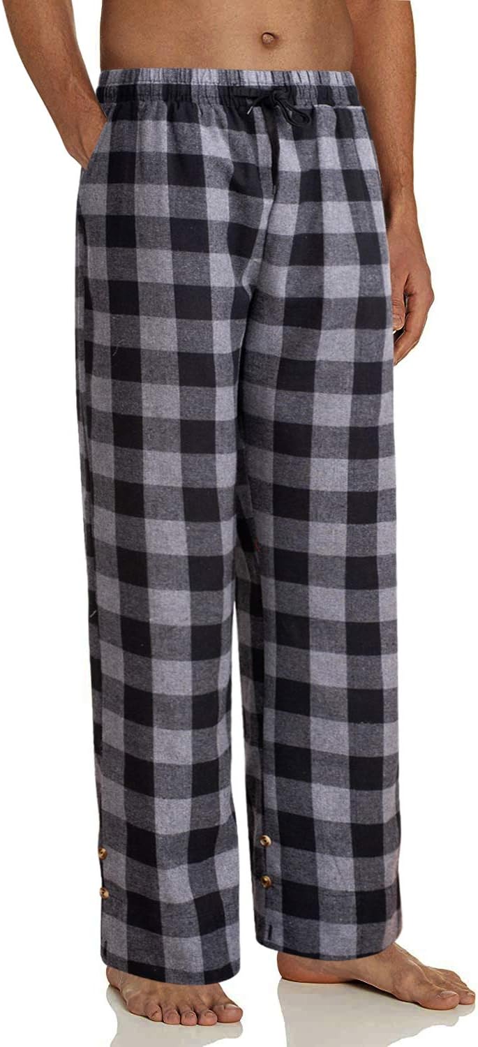 Mens Flannel Pajama Pants Plaid Heavyweight Cotton PJs Bottoms Sleepwear Grey Black
