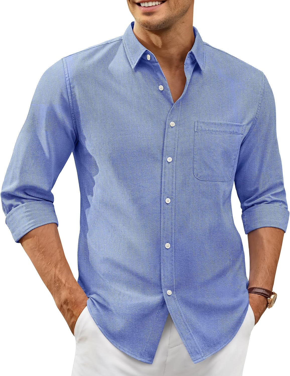 Alimens & Gentle Mens Oxford Shirt Stretch Long Sleeve Button Down Shirts Denim Blue