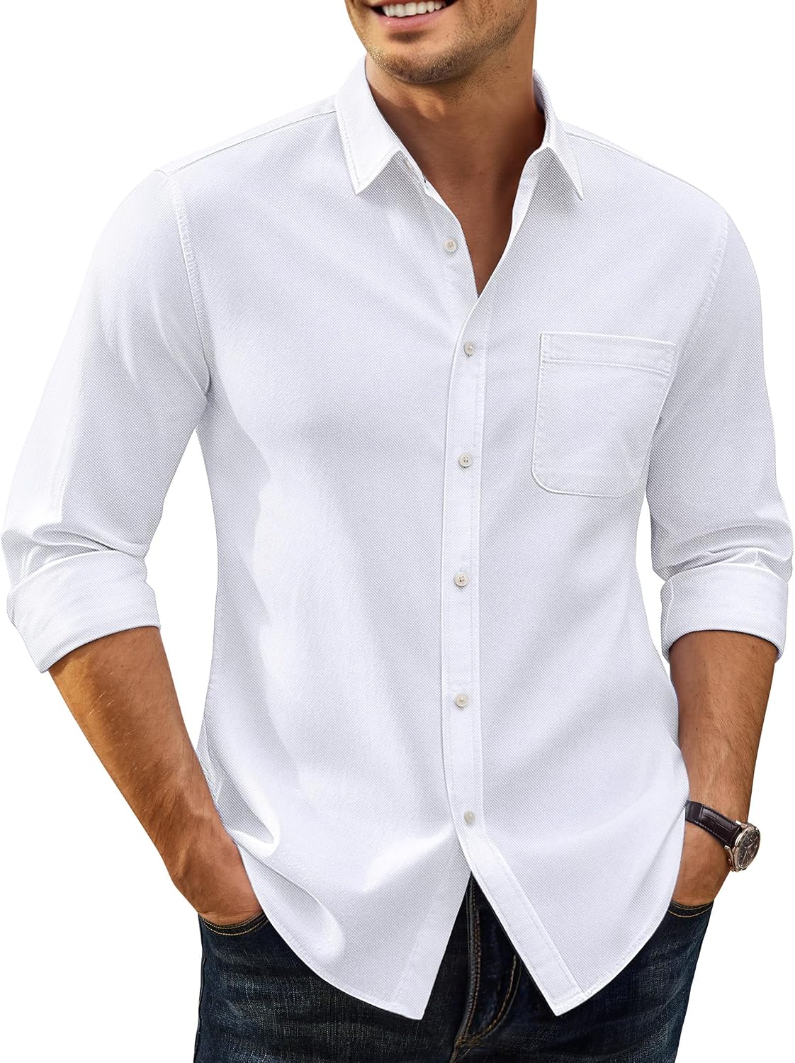 Alimens & Gentle Mens Oxford Shirt Stretch Long Sleeve Button Down Shirts White