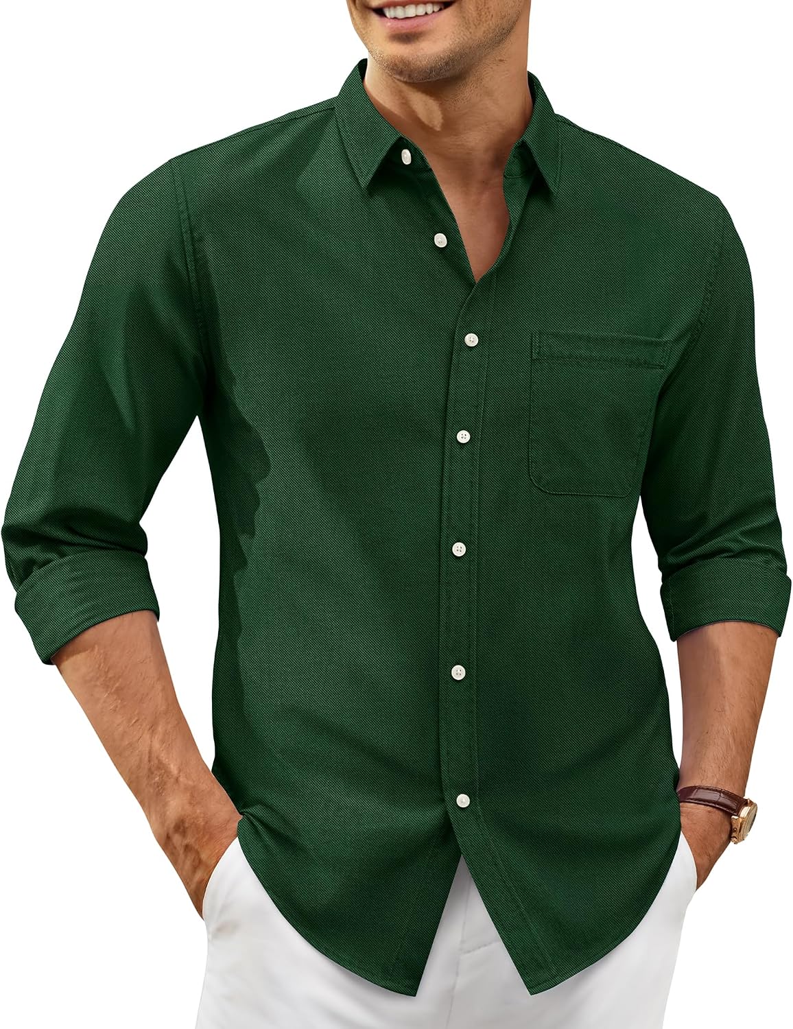 Alimens & Gentle Mens Oxford Shirt Stretch Long Sleeve Button Down Shirts Dark Green