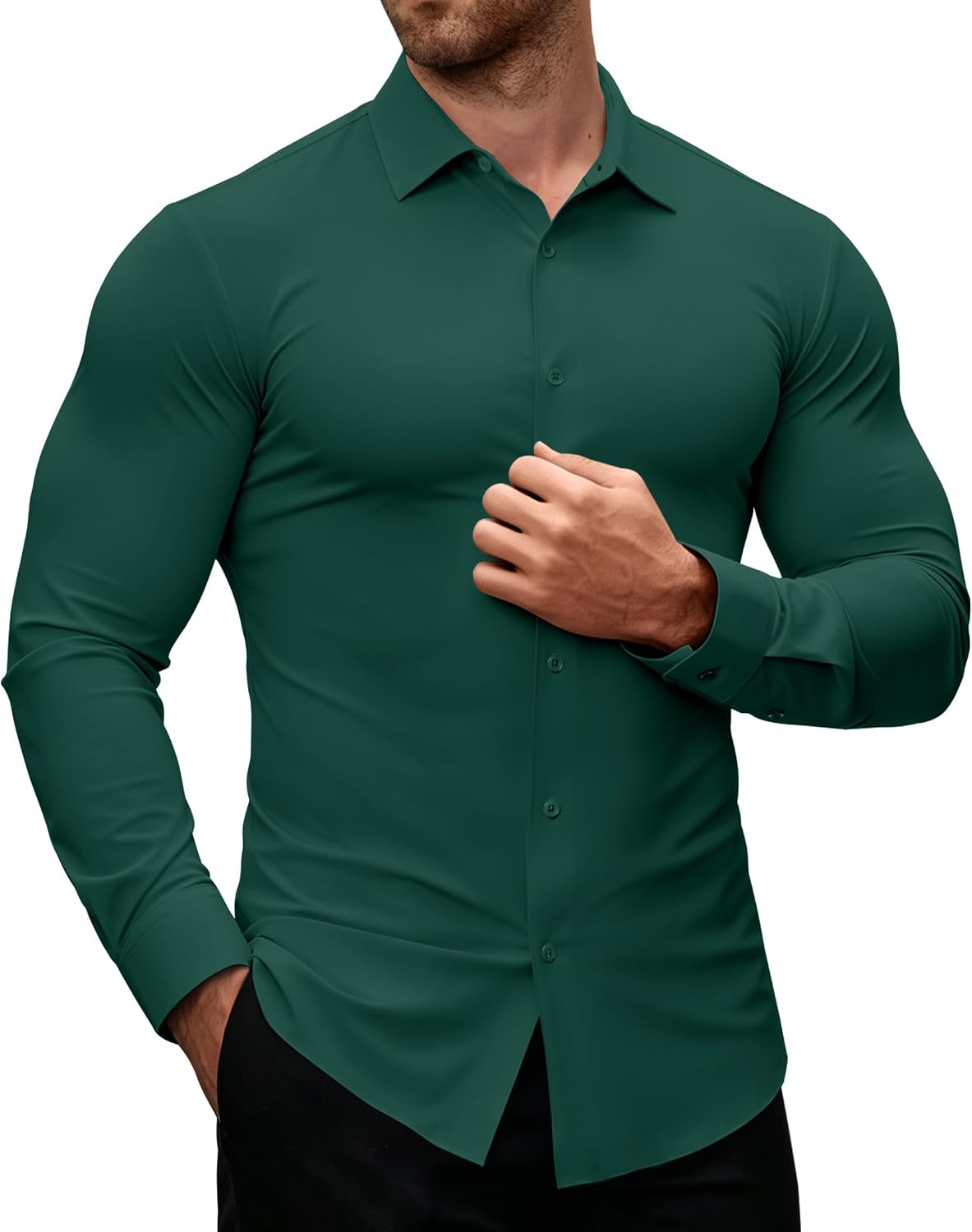 Alimens & Gentle Stretch Mens Dress Shirts Slim Fit Long Sleeve Casual Skinny Muscle Fit Wrinkle Free Button Down Shirt Green