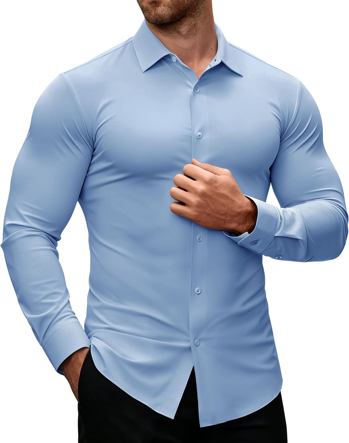 Alimens & Gentle Stretch Mens Dress Shirts Slim Fit Long Sleeve Casual Skinny Muscle Fit Wrinkle Free Button Down Shirt Cool Blue
