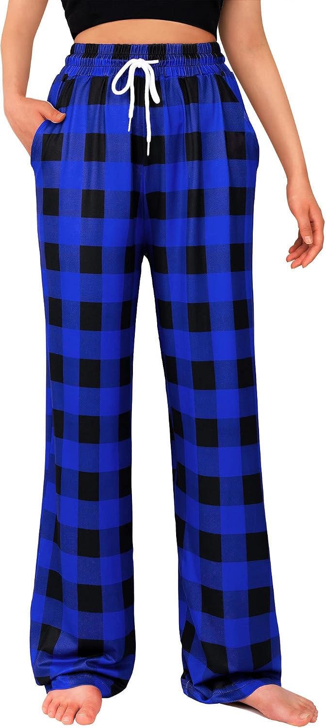 Womens Pajama Pants Plaid Stretch Comfy Lounge Pants Sleep Bottoms Y2K PJ Black&blue