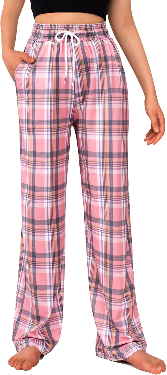 Womens Pajama Pants Plaid Stretch Comfy Lounge Pants Sleep Bottoms Y2K PJ Pink