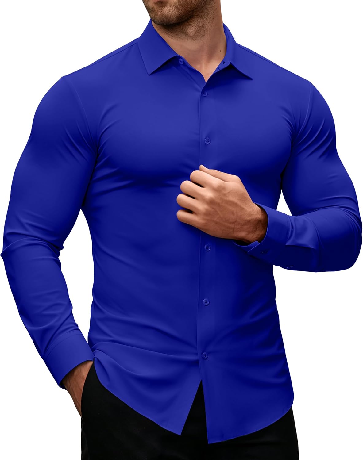 Alimens & Gentle Stretch Mens Dress Shirts Slim Fit Long Sleeve Casual Skinny Muscle Fit Wrinkle Free Button Down Shirt Klein Blue