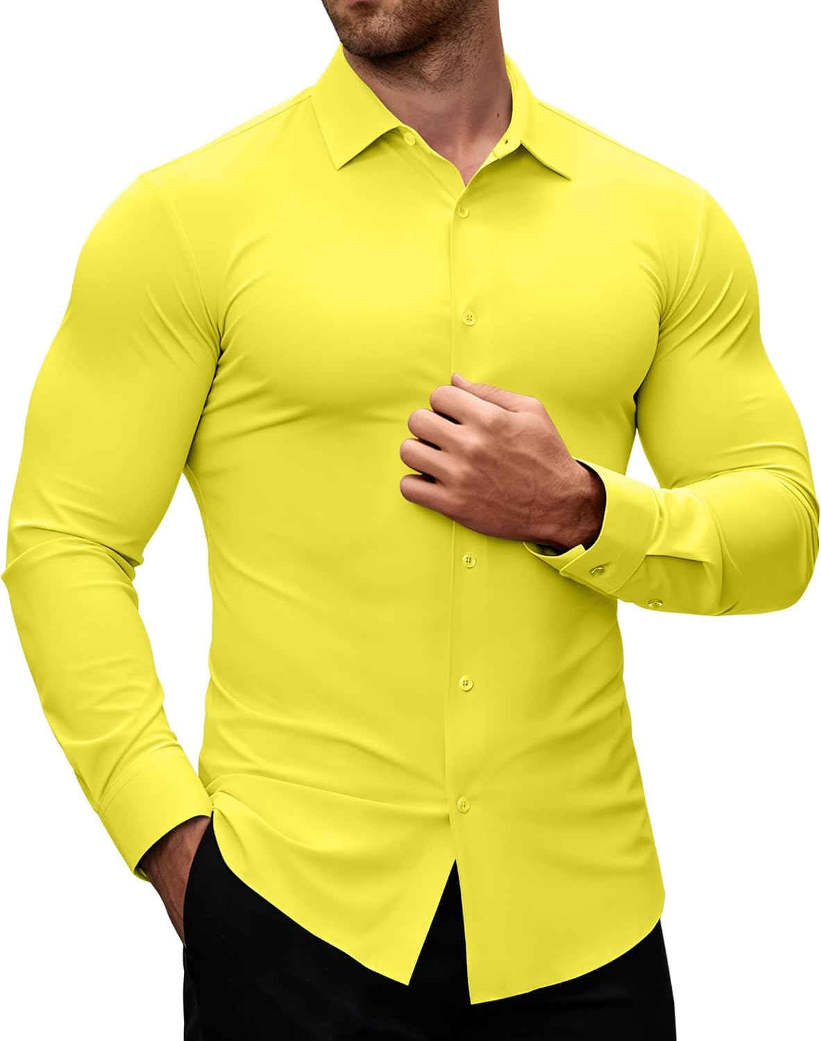 Alimens & Gentle Stretch Mens Dress Shirts Slim Fit Long Sleeve Casual Skinny Muscle Fit Wrinkle Free Button Down Shirt Yellow