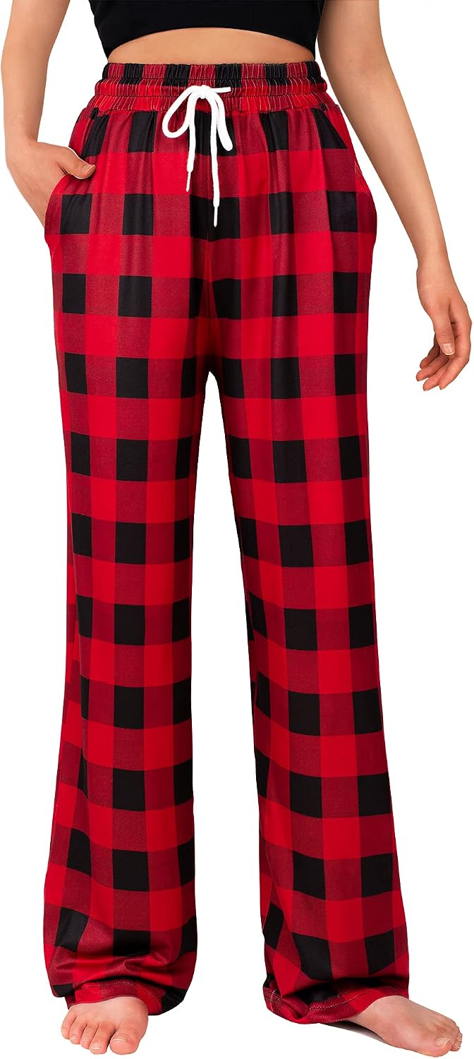 Womens Pajama Pants Plaid Stretch Comfy Lounge Pants Sleep Bottoms Y2K PJ A-black&red