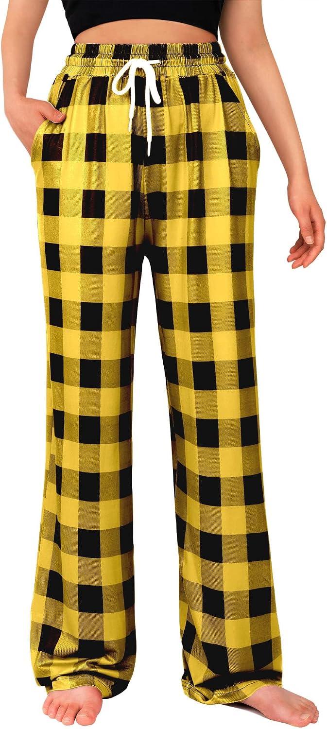 Womens Pajama Pants Plaid Stretch Comfy Lounge Pants Sleep Bottoms Y2K PJ Yellow&black