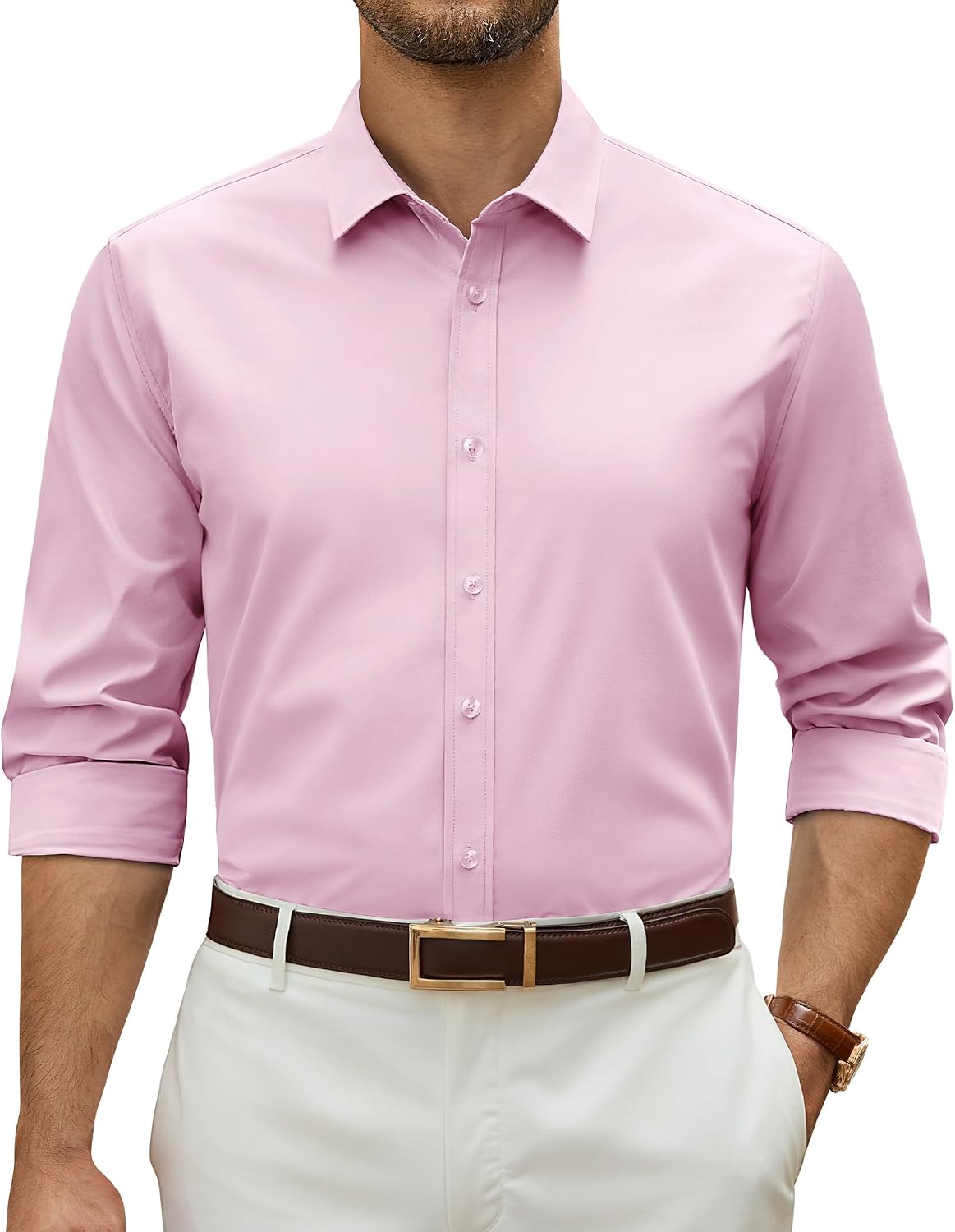 Alimens & Gentle Stretch Dress Shirt for Men Button Down Long Sleeve Shirt Pink