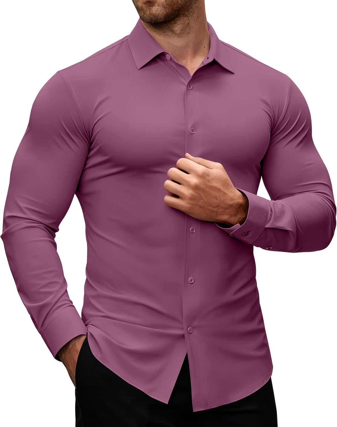 Alimens & Gentle Stretch Mens Dress Shirts Slim Fit Long Sleeve Casual Skinny Muscle Fit Wrinkle Free Button Down Shirt Mellow Mauve