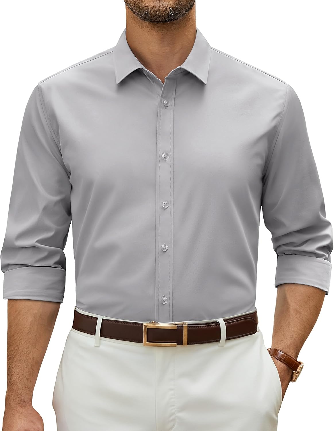 Alimens & Gentle Stretch Dress Shirt for Men Button Down Long Sleeve Shirt Light Grey