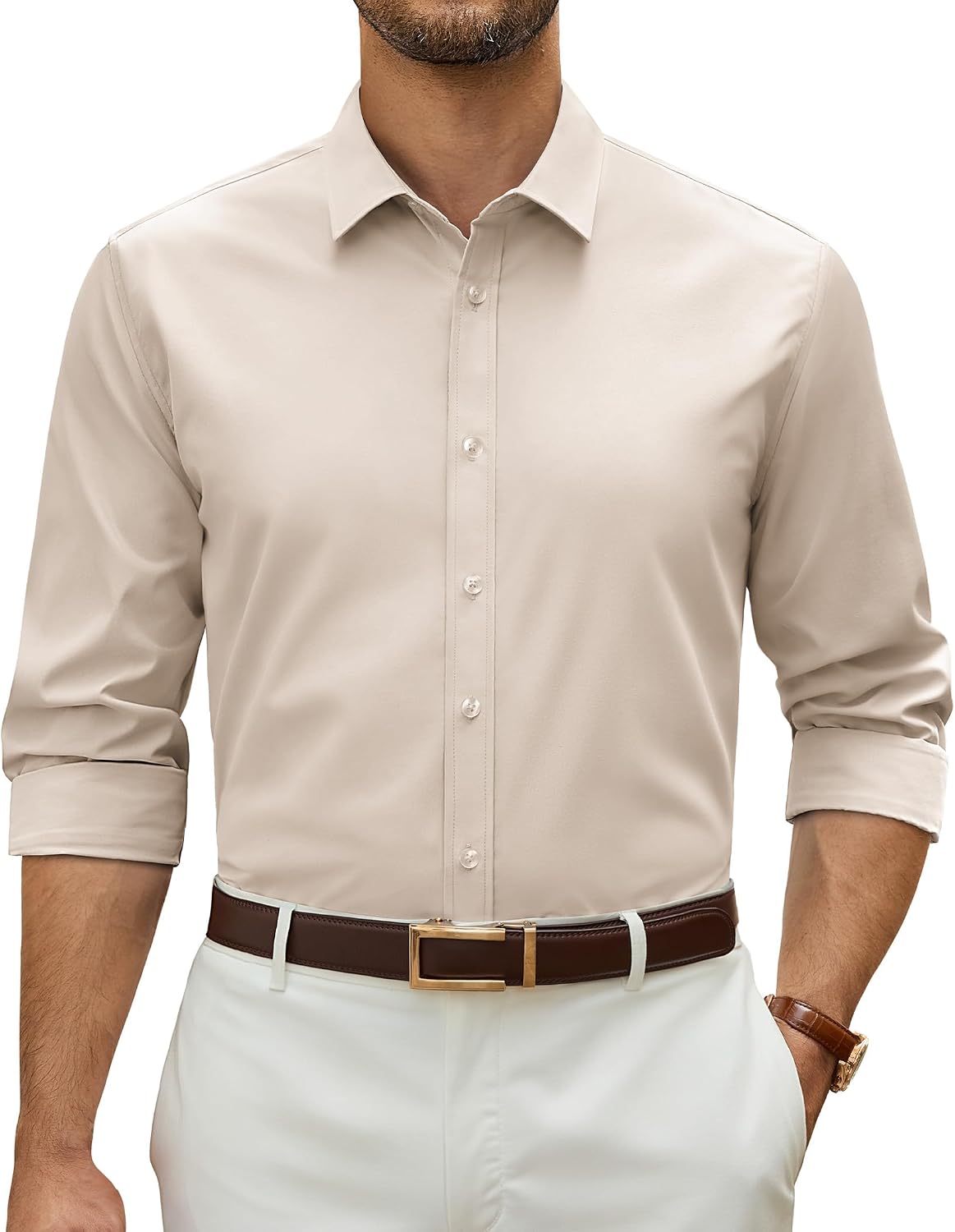 Alimens & Gentle Stretch Dress Shirt for Men Button Down Long Sleeve Shirt Beige