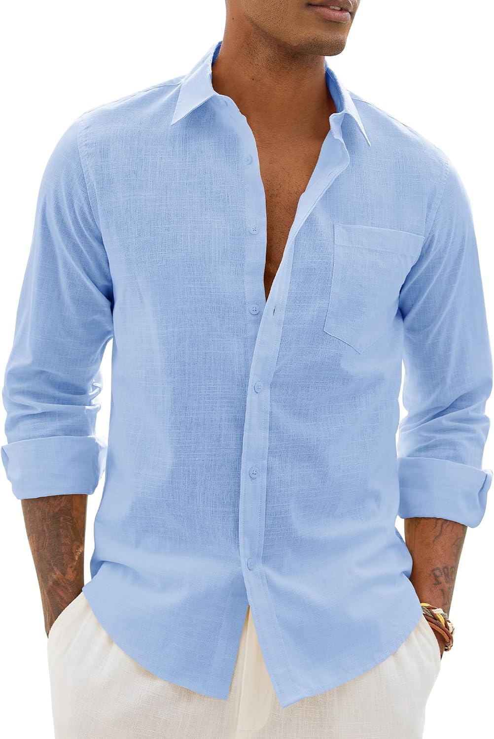 Alimens & Gentle Mens Linen Textured Shirt Long Sleeve Summer Beach Tops Blue