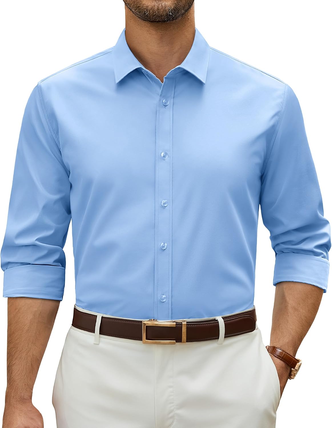 Alimens & Gentle Stretch Dress Shirt for Men Button Down Long Sleeve Shirt Light Blue