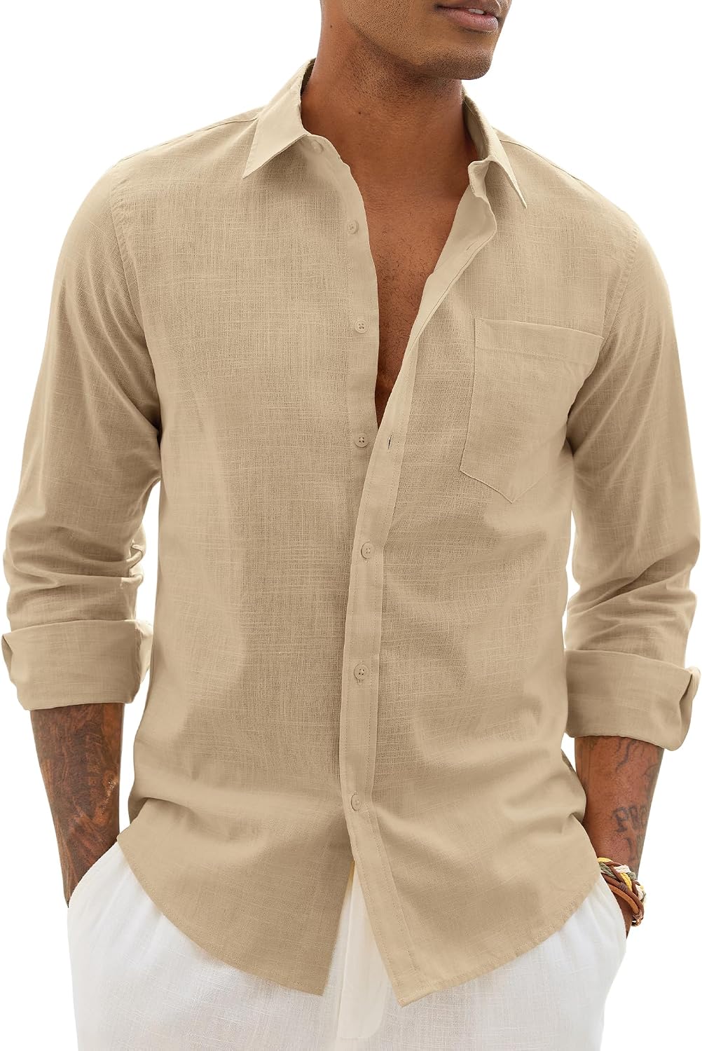 Alimens & Gentle Mens Linen Textured Shirt Long Sleeve Summer Beach Tops Khaki