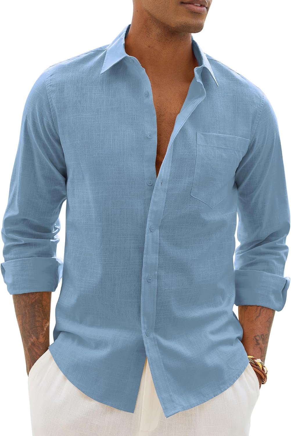 Alimens & Gentle Mens Linen Textured Shirt Long Sleeve Summer Beach Tops Grey Blue