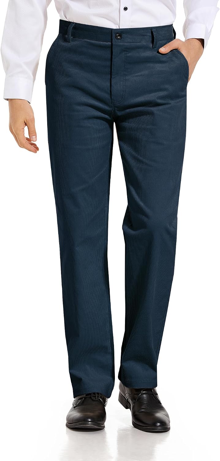 Alimens & Gentle Men's Corduroy Pant Straight Fit Flat-Front Casual Chino Pants Indigo Blue