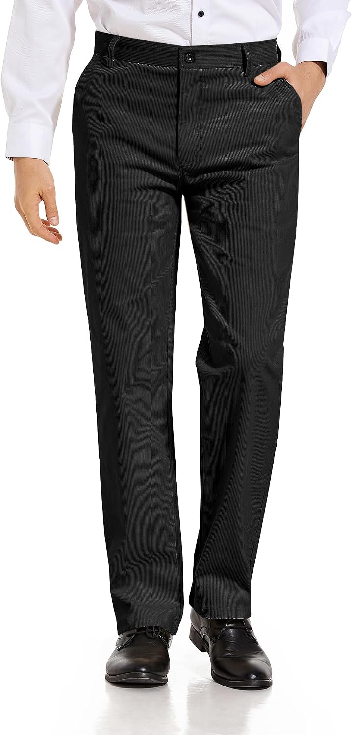 Alimens & Gentle Men's Corduroy Pant Straight Fit Flat-Front Casual Chino Pants Black