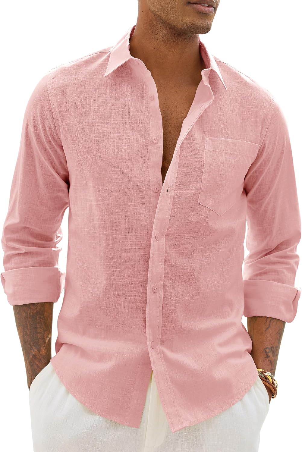 Alimens & Gentle Mens Linen Textured Shirt Long Sleeve Summer Beach Tops Grey Pink