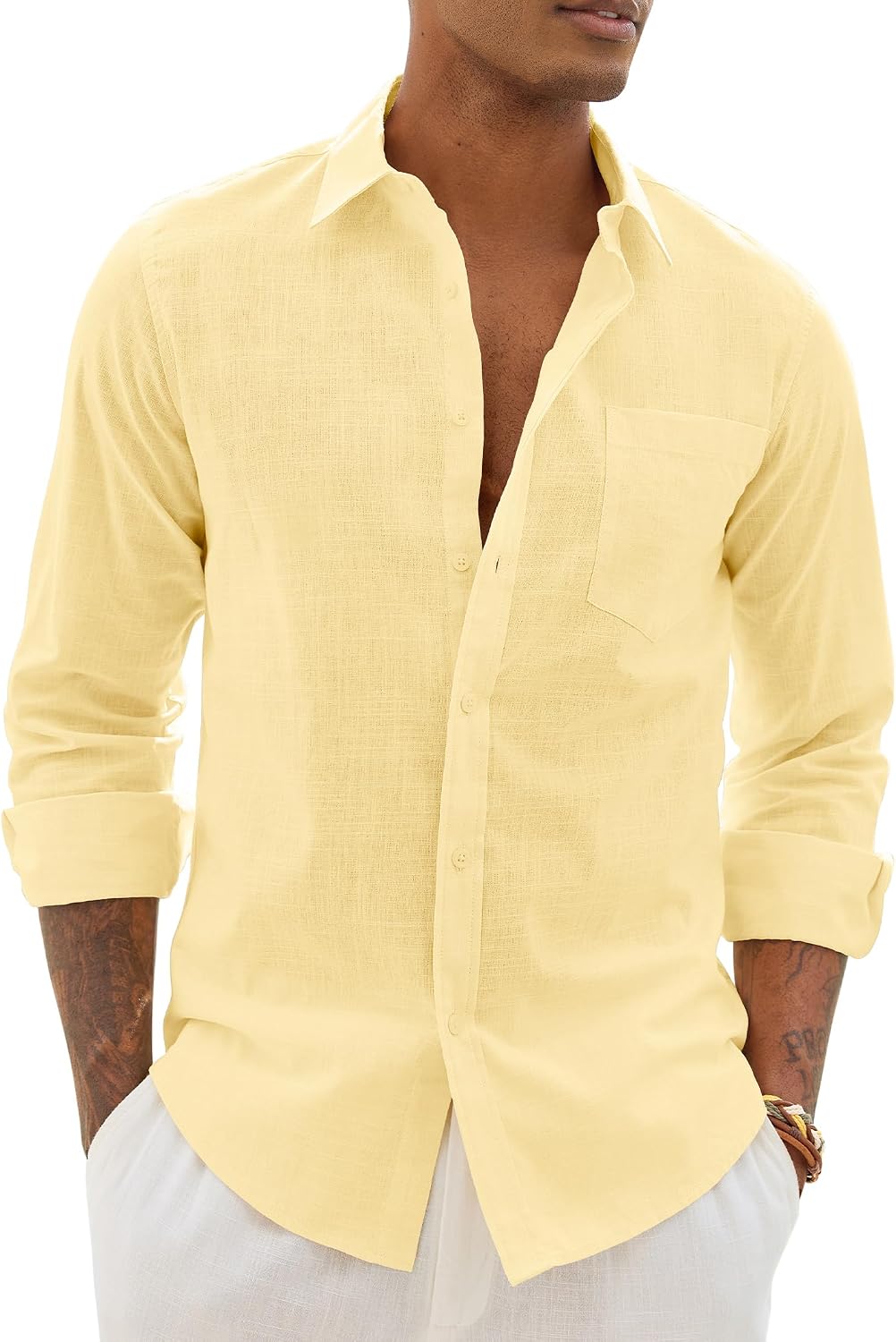 Alimens & Gentle Mens Linen Textured Shirt Long Sleeve Summer Beach Tops Yellow