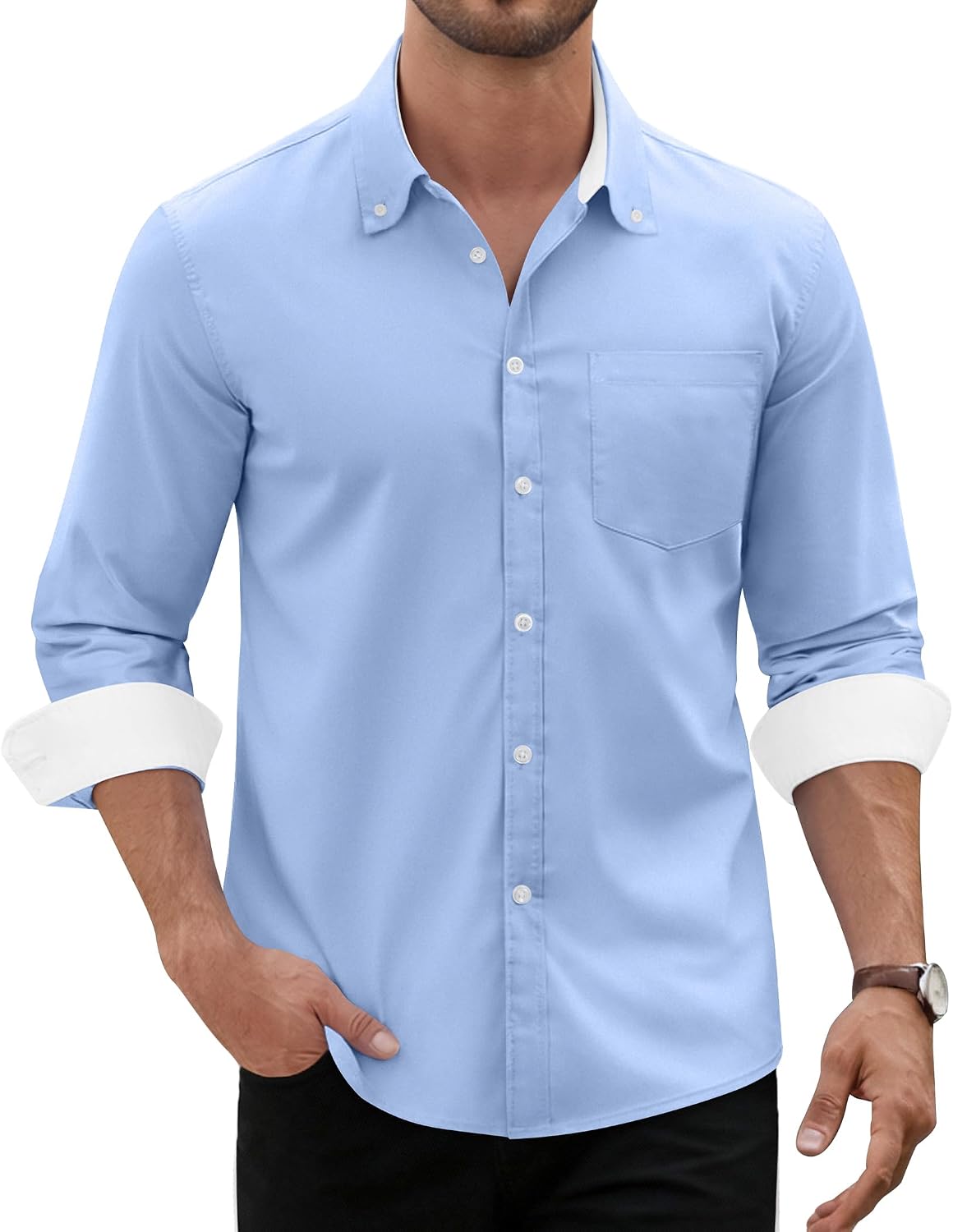 Men's Oxford Stretch Shirt Casual Long Sleeve Button Down Dress Shirt Light Blue