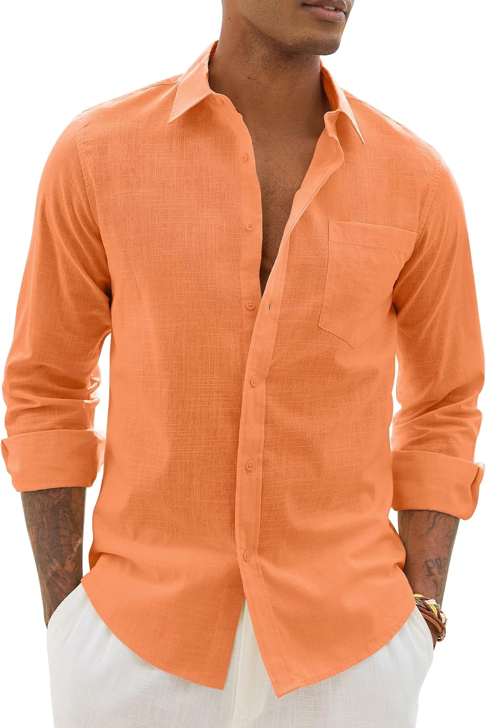 Alimens & Gentle Mens Linen Textured Shirt Long Sleeve Summer Beach Tops Orange