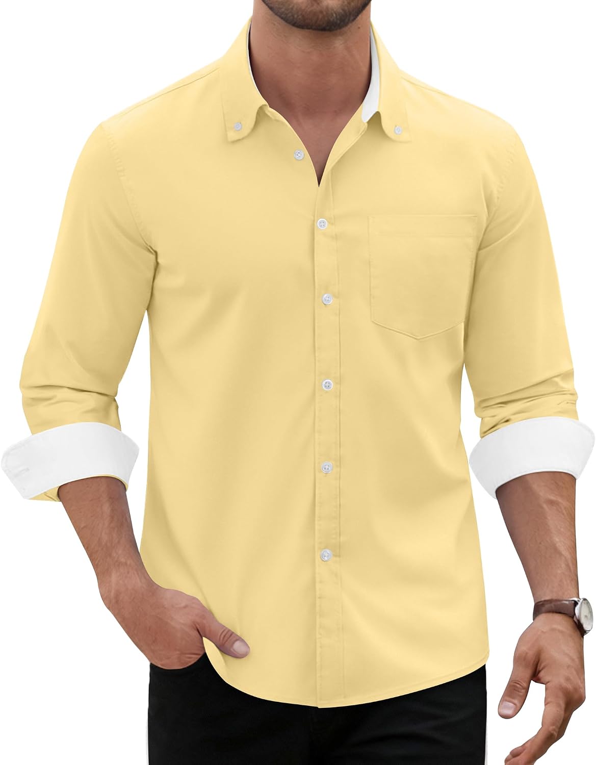 Men's Oxford Stretch Shirt Casual Long Sleeve Button Down Dress Shirt Yellow
