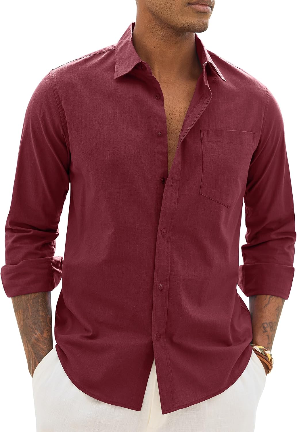 Alimens & Gentle Mens Linen Textured Shirt Long Sleeve Summer Beach Tops Burgundy