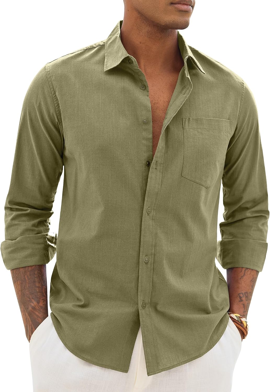Alimens & Gentle Mens Linen Textured Shirt Long Sleeve Summer Beach Tops Olive Green