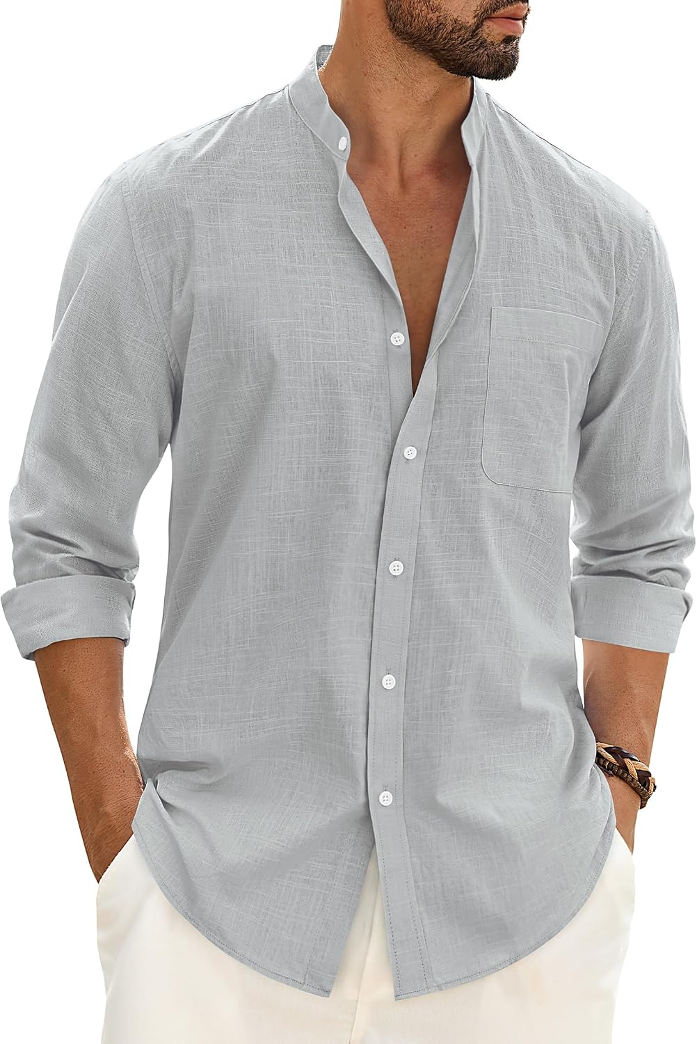 Alimens & Gentle Men's Cotton Linen Shirts Long Sleeve Button Down Shirt Band Collar Beach Shirts Grey