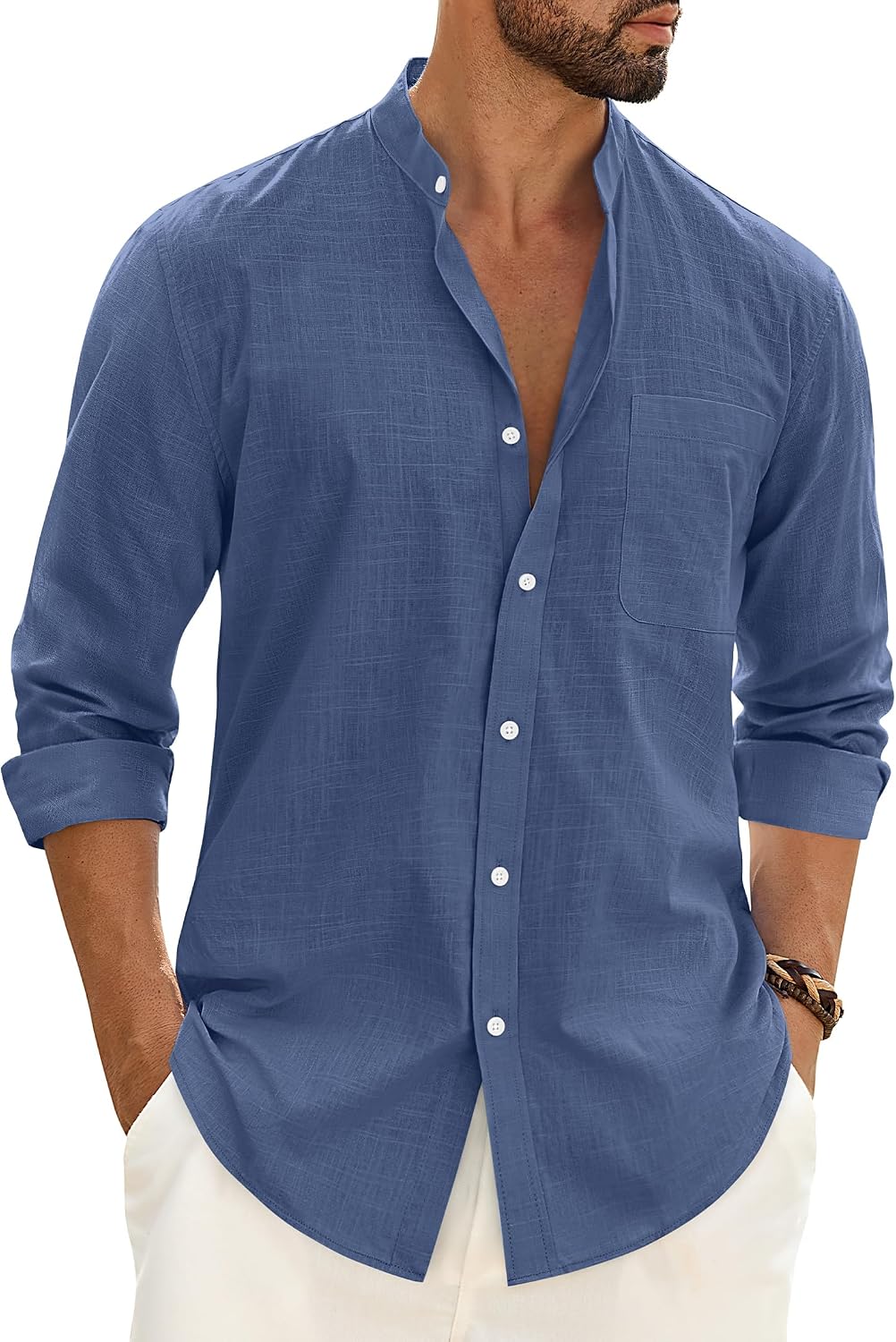 Alimens & Gentle Men's Cotton Linen Shirts Long Sleeve Button Down Shirt Band Collar Beach Shirts Blue Wing Teal