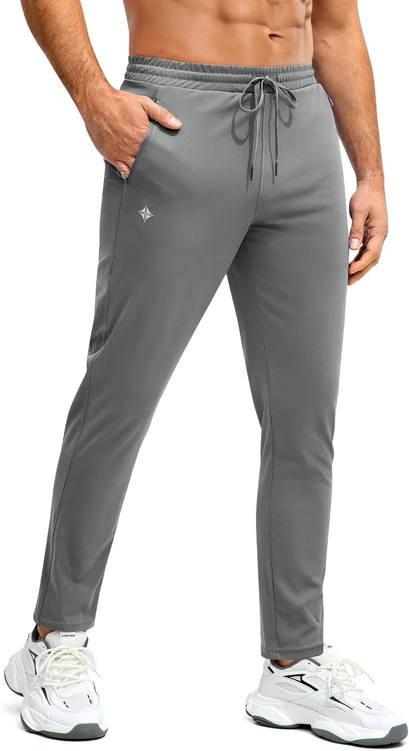 Alimens & Gentle Mens Joggers with Zipper Pockets Athletic Workout Track Pants Lightweight Running Gym Training Sweatpants Light Grey