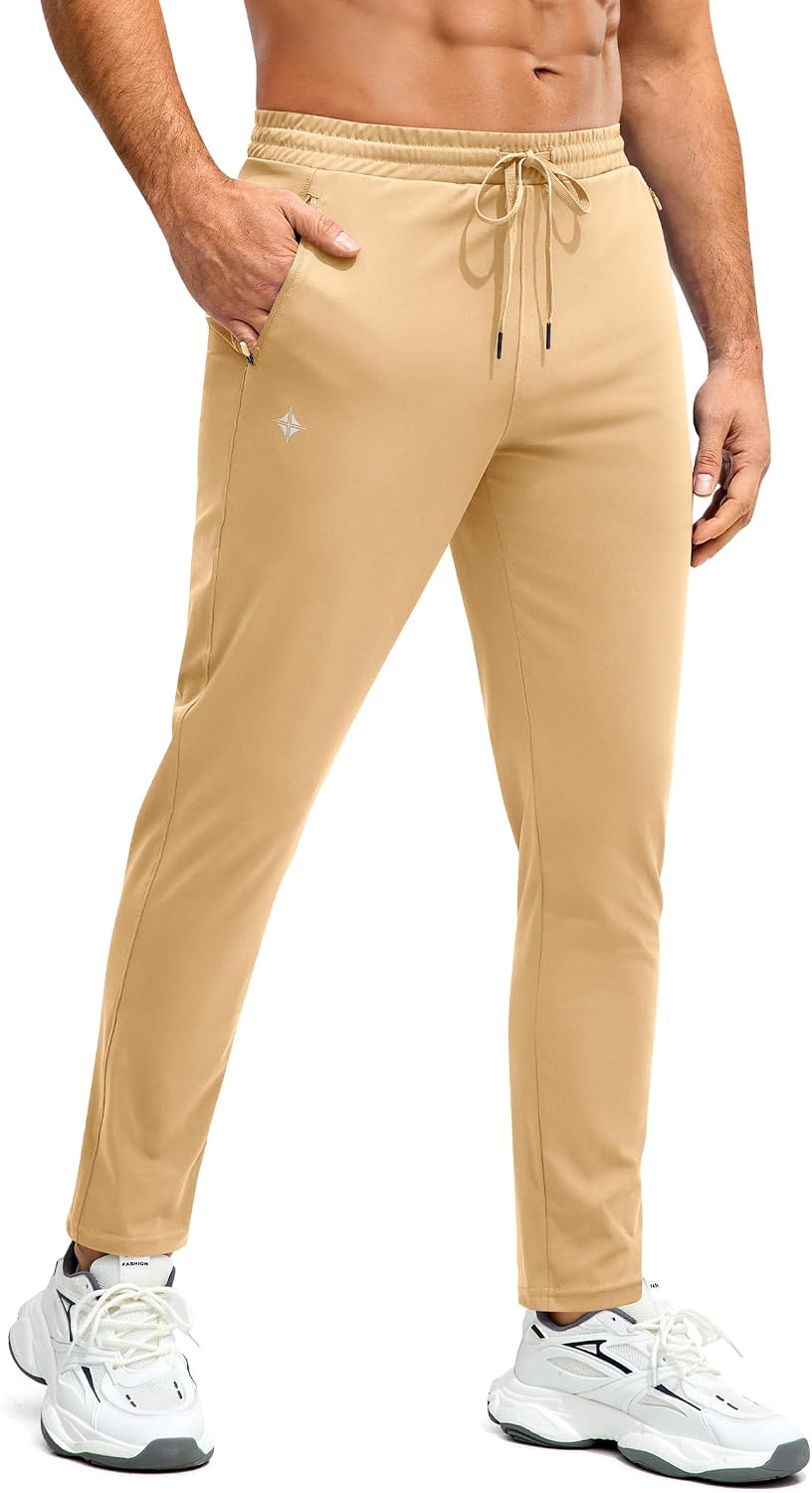 Alimens & Gentle Mens Joggers with Zipper Pockets Athletic Workout Track Pants Lightweight Running Gym Training Sweatpants Dark Khaki