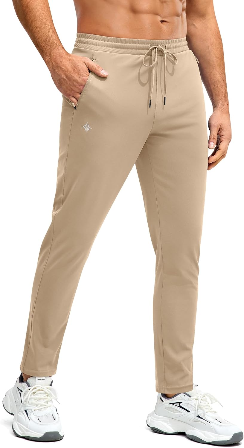 Alimens & Gentle Mens Joggers with Zipper Pockets Athletic Workout Track Pants Lightweight Running Gym Training Sweatpants Khaki