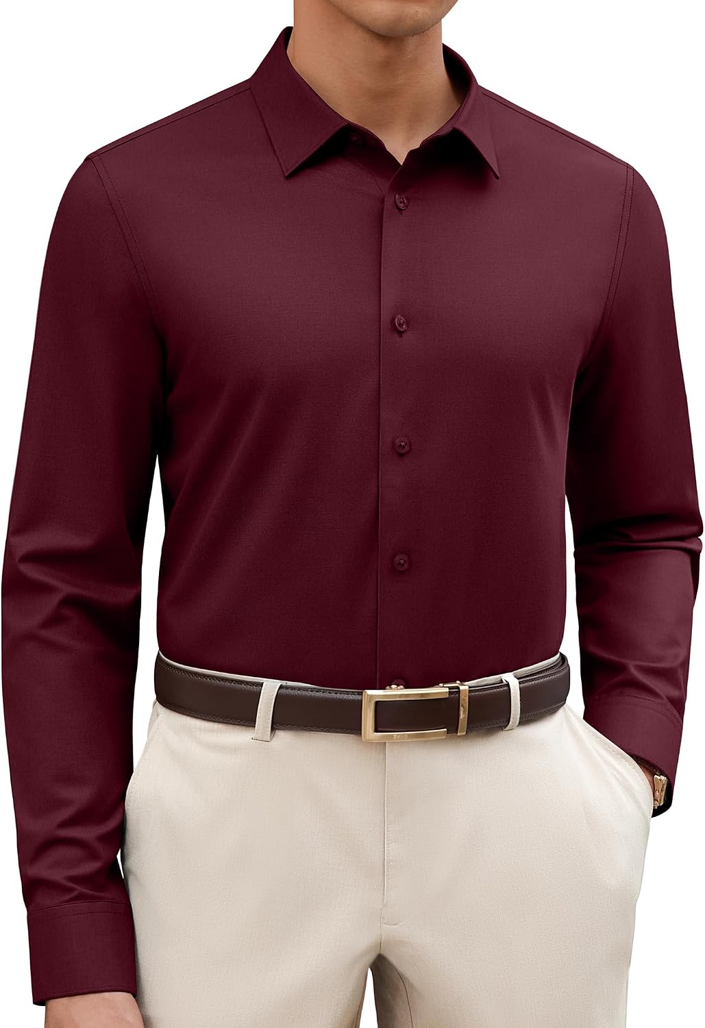 Alimens & Gentle Men's Premium Dress Shirts - Wool Modal Performance Wrinkle Free Button Down Shirt Wine Red