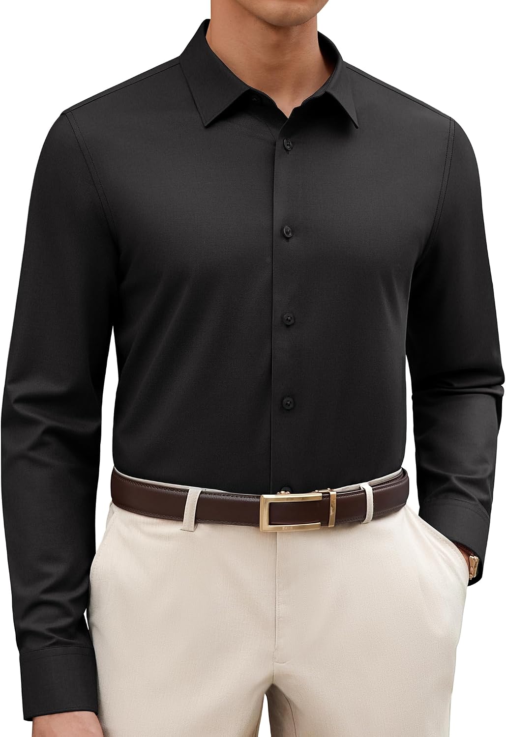 Alimens & Gentle Men's Premium Dress Shirts - Wool Modal Performance Wrinkle Free Button Down Shirt Black