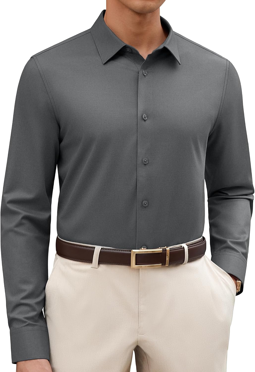 Alimens & Gentle Men's Premium Dress Shirts - Wool Modal Performance Wrinkle Free Button Down Shirt Dark Grey