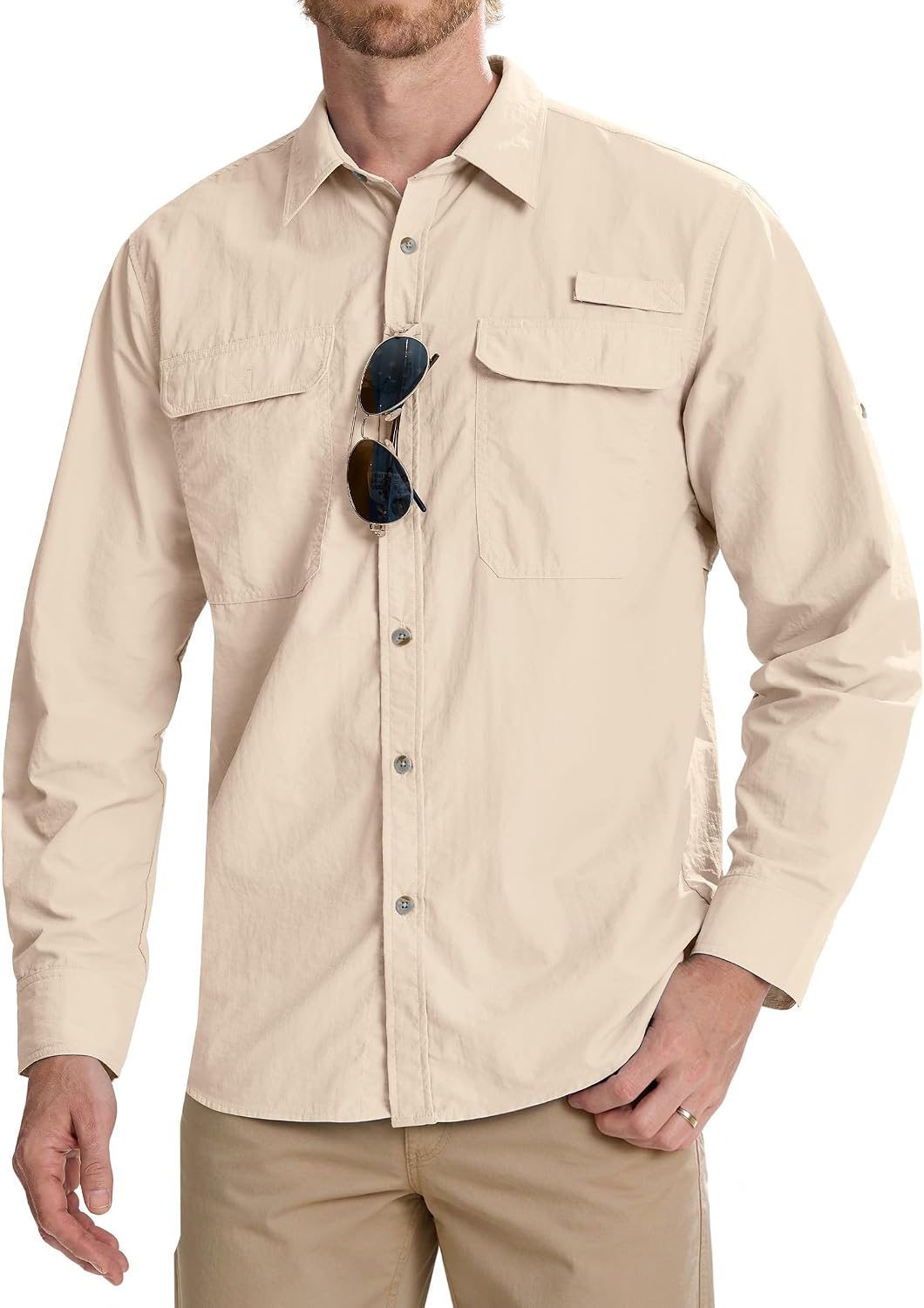 Alimens & Gentle Mens Fishing Shirts UPF 50+ Quick Dry Cooling Hiking Shirt Khaki