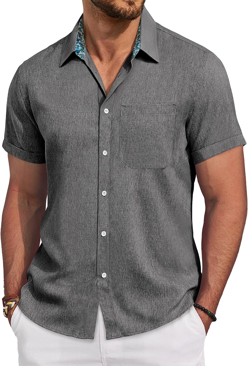 Mens Linen Shirt Short Sleeve Button Down Shirt Casual Beach Wedding Shirts Grey