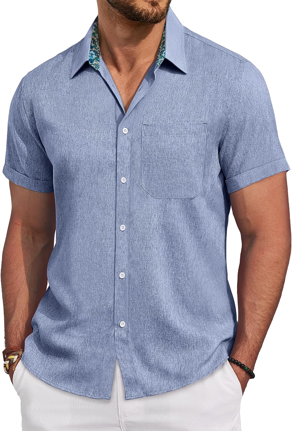 Mens Linen Shirt Short Sleeve Button Down Shirt Casual Beach Wedding Shirts Blue