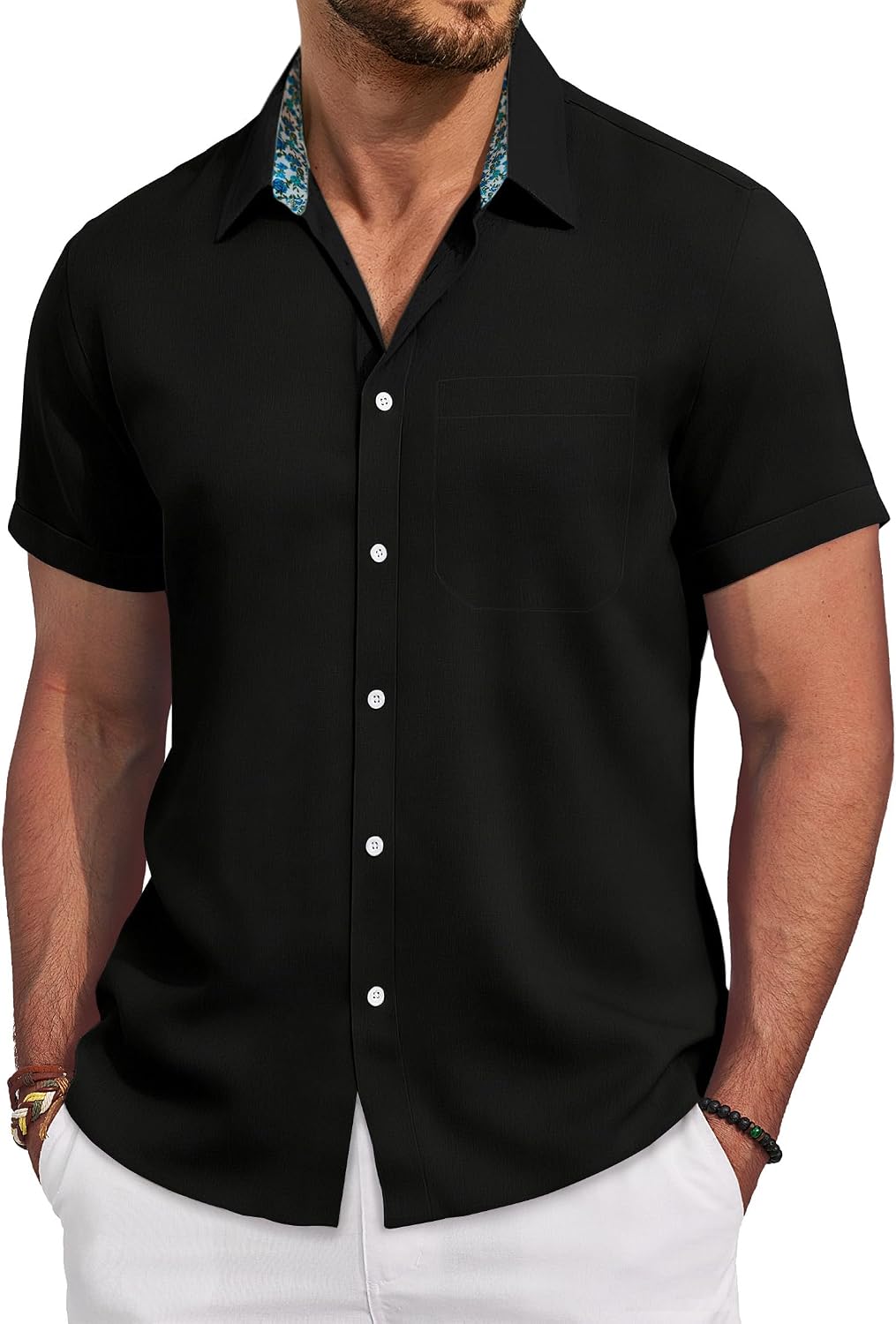 Mens Linen Shirt Short Sleeve Button Down Shirt Casual Beach Wedding Shirts Black